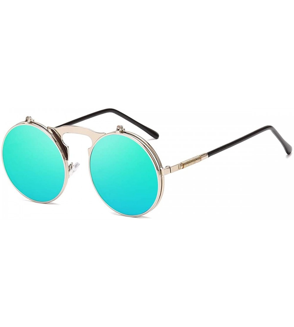Aviator Round Sunglasses for Men Women 90's Retro Steampunk Style Flip Up Circle Sunglasses - Silver Frame/Green Lens - C918Z...