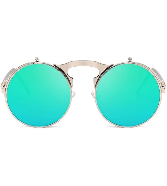 Aviator Round Sunglasses for Men Women 90's Retro Steampunk Style Flip Up Circle Sunglasses - Silver Frame/Green Lens - C918Z...