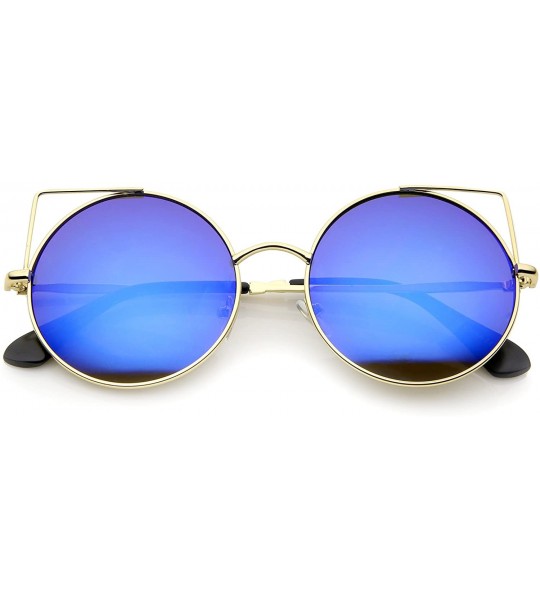 Cat Eye Women's Full Metal Cut Out Mirror Flat Lens Round Cat Eye Sunglasses 55mm - Gold / Blue Mirror - C712J346U8B $19.66