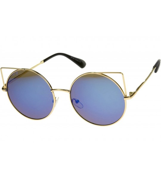 Cat Eye Women's Full Metal Cut Out Mirror Flat Lens Round Cat Eye Sunglasses 55mm - Gold / Blue Mirror - C712J346U8B $19.66