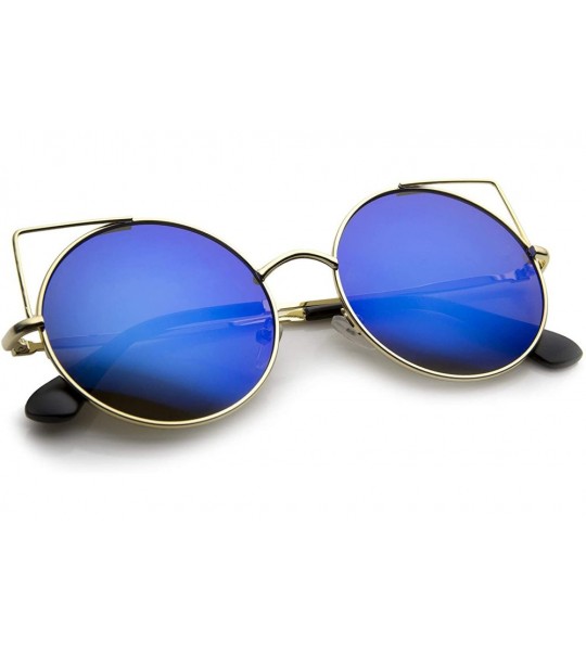 Cat Eye Women's Full Metal Cut Out Mirror Flat Lens Round Cat Eye Sunglasses 55mm - Gold / Blue Mirror - C712J346U8B $19.66