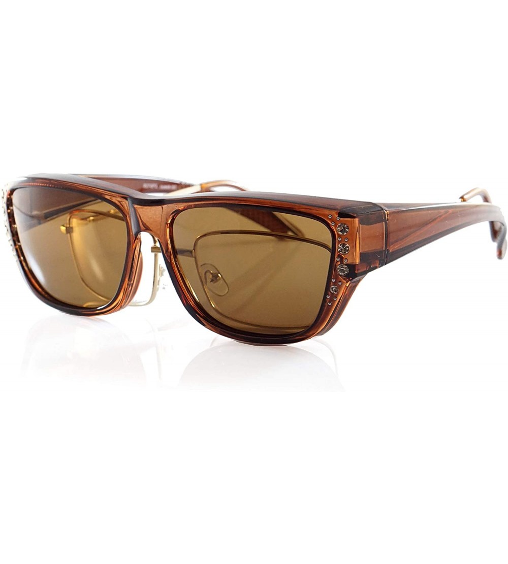 Square Ladies Rhinestone Bling Polarized OTG Fit Over Square Sunglasses P025 - Brown - CA18ZTAWCKR $28.05