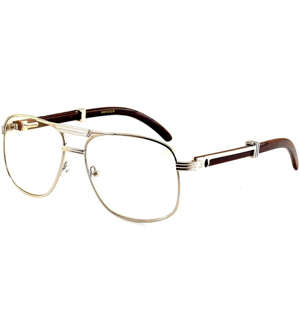 Aviator Unisex Vintage Style Clear Lens Metal & Wood Feel Eyeglasses UV 400 Protection A071 New - Silver/ Dark Brown - C4189M...