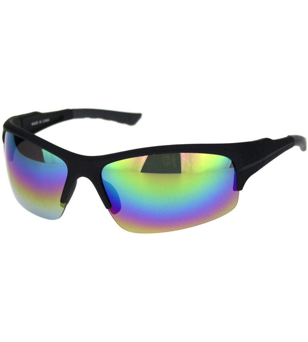 Sport Mens Classic 90s Baseball Half Rim Sport Warp Plastic Sunglasses - Matte Black Oil Slick Mirror - C018R4DXL0T $18.48