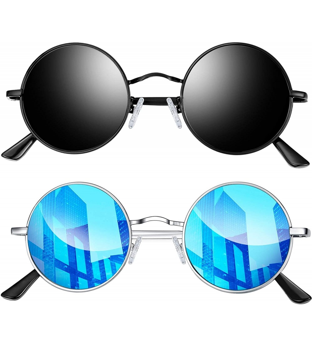 Round Lennon Round Sunglasses for Men Women - Small Circle Hippie Sunglasses Polarized - 2 Pack(black+blue) - CR18X5KADT8 $28.53