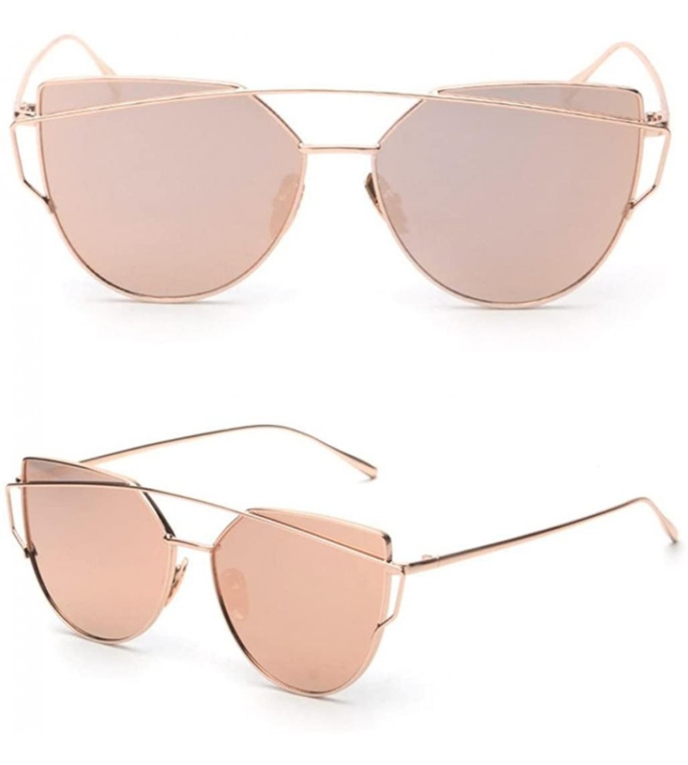 Sport Women Fashion Twin-Beams Metal Frame Mirror Sunglasses Cat Eye Glasses - Rose Gold - C4188X7T4D9 $18.33