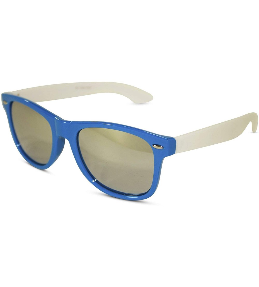Rectangular Two Tone Neon Contrast Style Sunglasses with Silver Mirrored Lens (Blue with White Temples) - CL11KQST96J $17.69