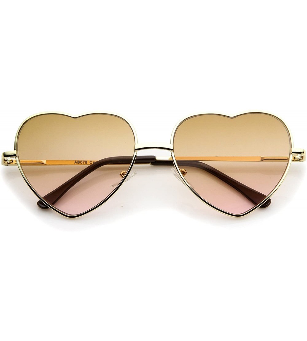 Round Small Thin Metal Frame Temples Vibrant Colored Gradient Lens Heart Sunglasses 52mm - Gold / Brown-pink - CV12N1QJTW3 $1...