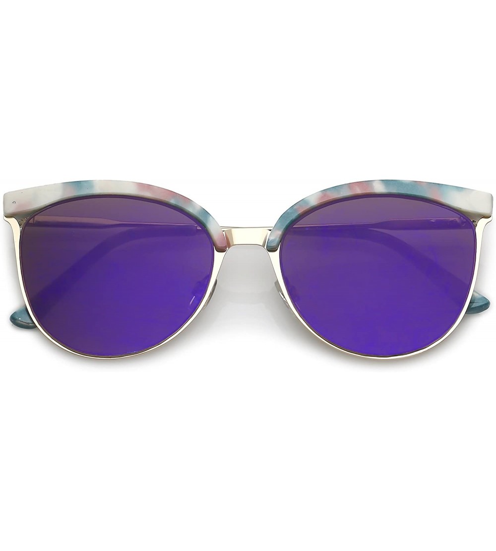 Cat Eye Modern Semi Rimless Cutout Slim Arms Mirrored Flat lens Cat Eye Sunglasses 55mm - Green Pink Gold / Purple Mirror - C...