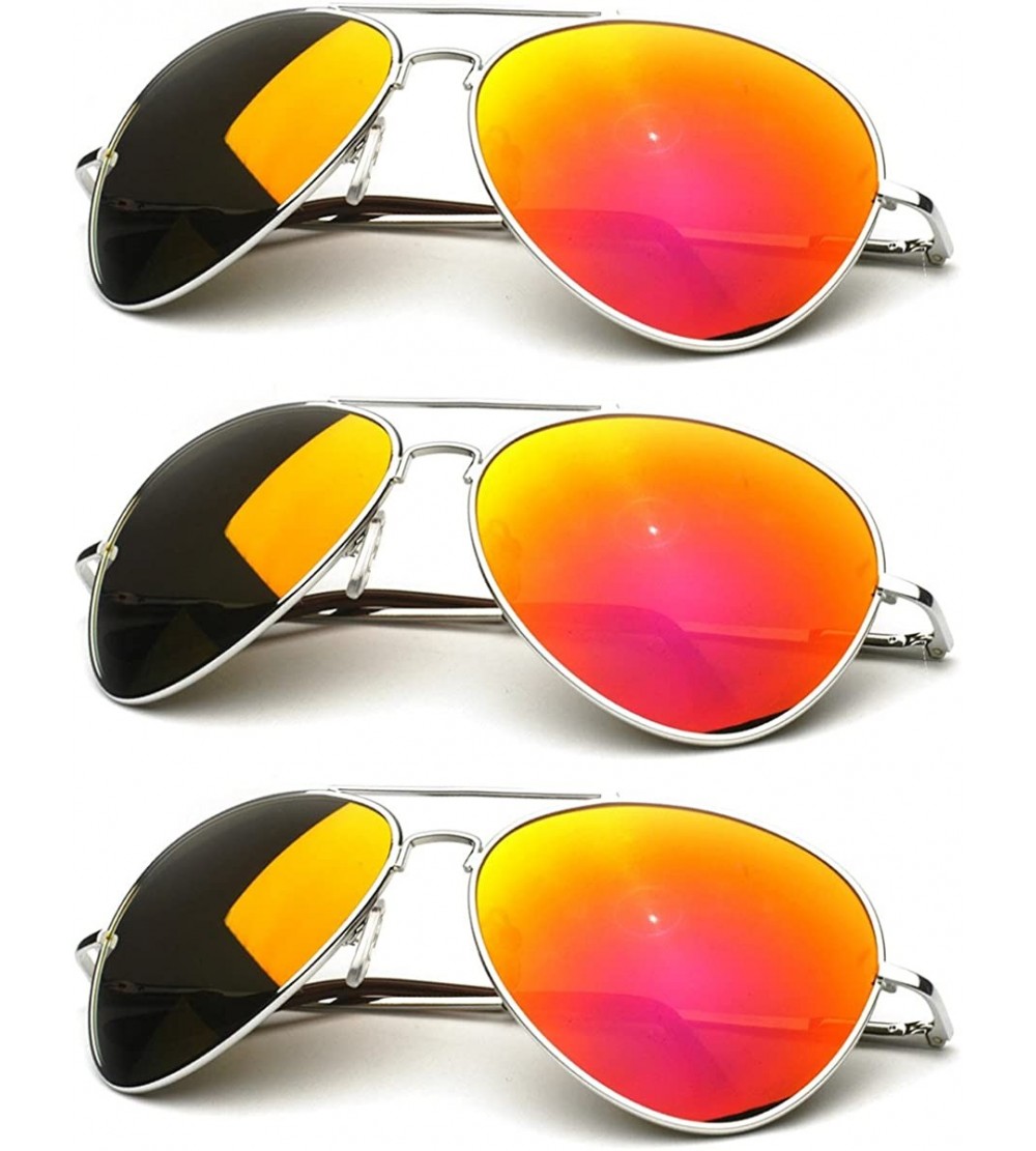 Aviator Premium Full Mirrored Aviator Sunglasses w/Flash Mirror Lens - 3 Pack Silver - Orange - C7116RH62OF $28.36
