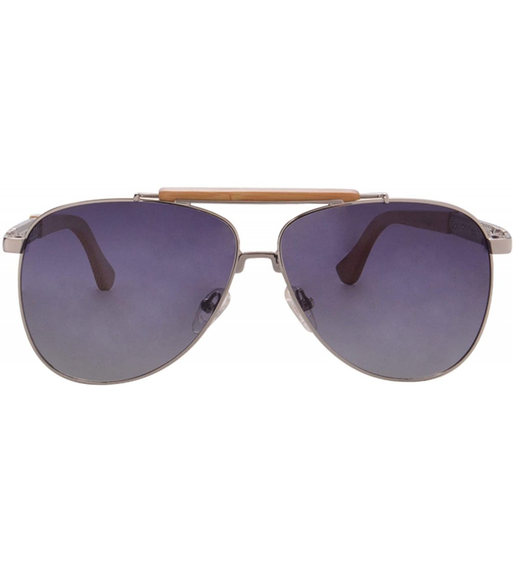 Oval Polarized Sunglasses Metal Frame UV400 Wood Temple Glasses-SG1565 - Silver&bamboo Nature - C618LQC2LT3 $23.50