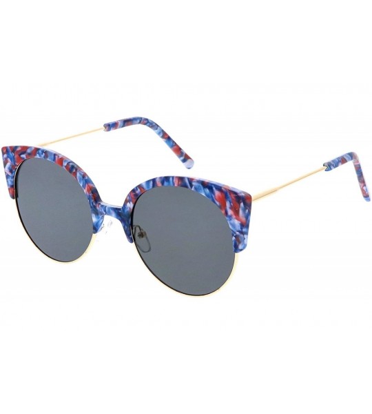 Cat Eye Women's Half Frame Ultra Slim Arms Round Flat Lens Cat Eye Sunglasses 53mm - Blue Red Gold / Smoke - CH184RAUHO0 $24.12