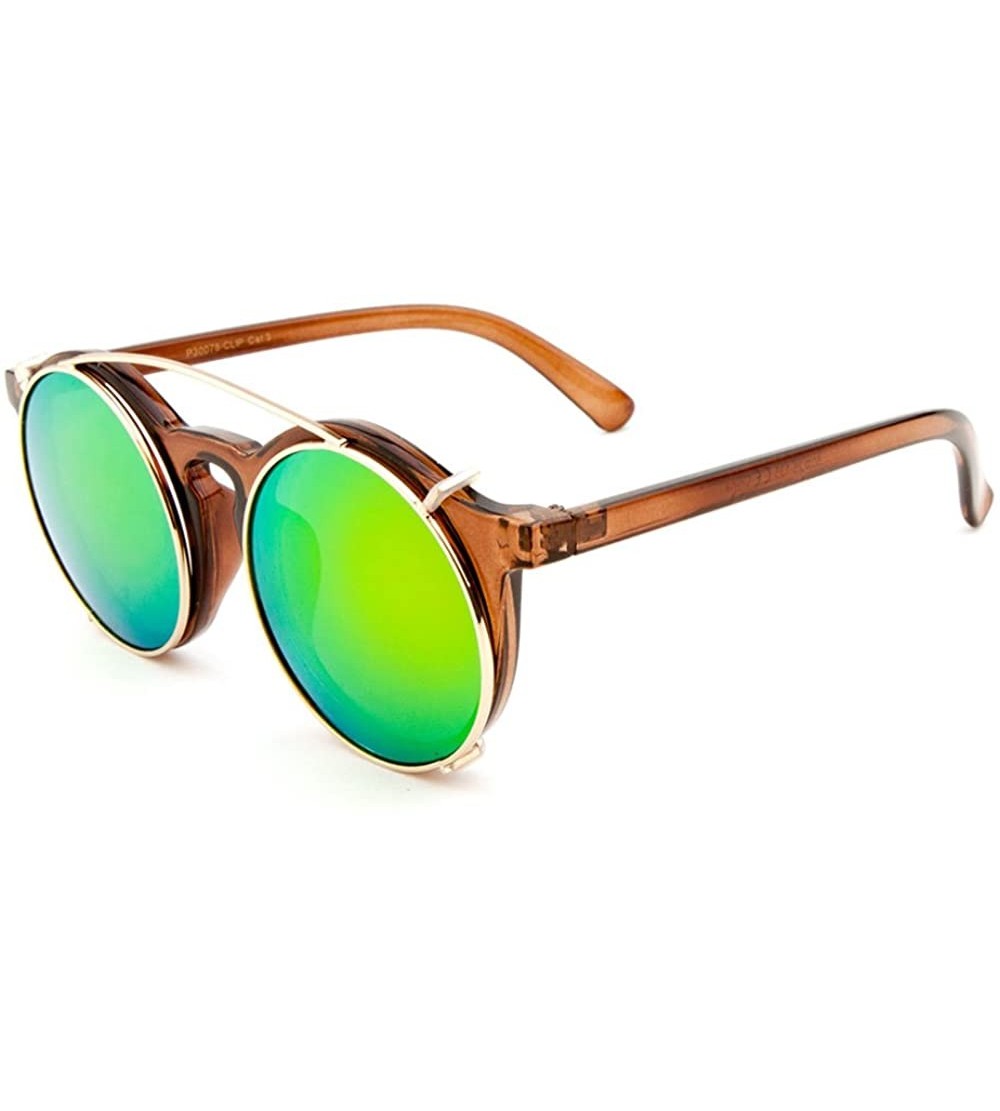 Round Vintage Round Horned Rim Sunglasses with Clipable Color Mirror Lens - Brown - CN12NZBUI80 $17.84
