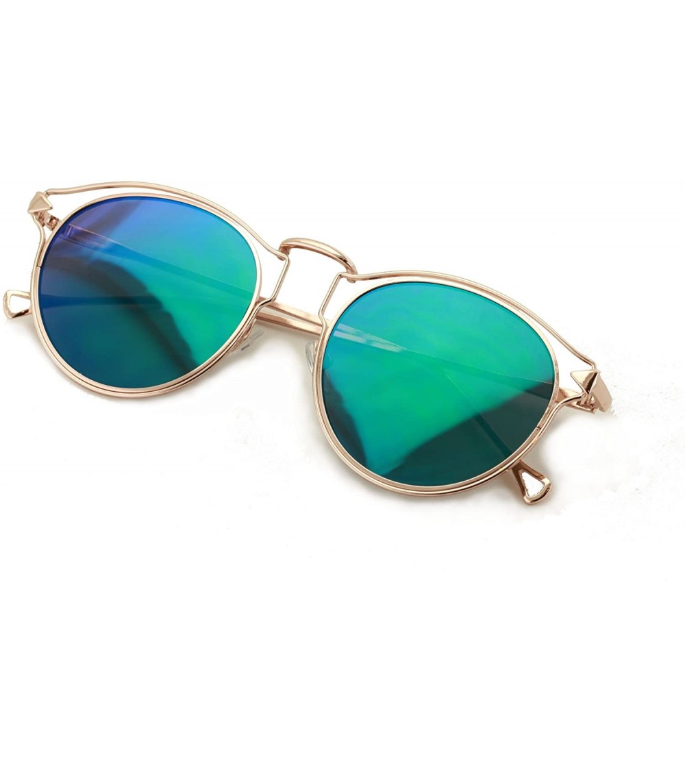 Oval Womens Fashion Round Metal Cut-Out Near Flat Flash Mirror Lens Hip Sunglasses - Dark Green - CG18967R68X $21.50
