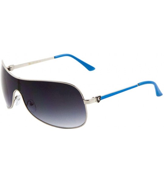 Shield Color Bar Thin Temple Thin Frame One Piece Curved Shield Lens Sunglasses - Smoke Blue - CJ199H22I0I $34.44