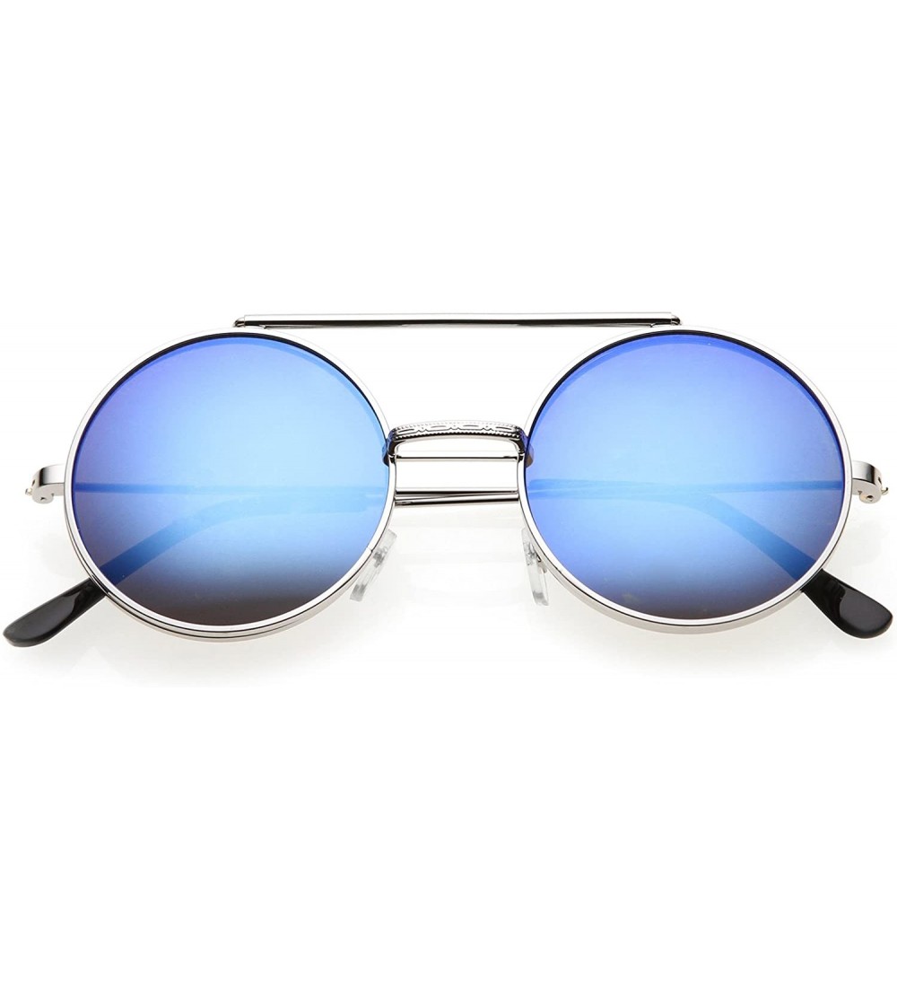 Round Mid Size Flip-Up Colored Mirror Lens Round Django Sunglasses 49mm - Silver / Blue Mirror - C812N9ML4YL $19.31
