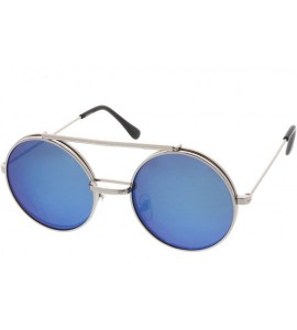 Round Mid Size Flip-Up Colored Mirror Lens Round Django Sunglasses 49mm - Silver / Blue Mirror - C812N9ML4YL $19.31