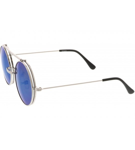 Round Mid Size Flip-Up Colored Mirror Lens Round Django Sunglasses 49mm - Silver / Blue Mirror - C812N9ML4YL $19.31