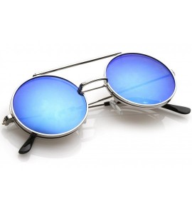 Round Mid Size Flip-Up Colored Mirror Lens Round Django Sunglasses 49mm - Silver / Blue Mirror - C812N9ML4YL $19.31