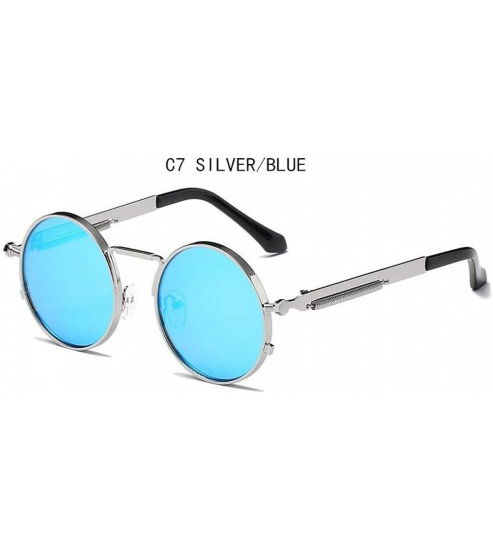 Rectangular Vintage Men Sunglasses Women Round Metal Frame Colorful Lens Sun Glasses - Silver Blue - CU194OSCNAK $33.43