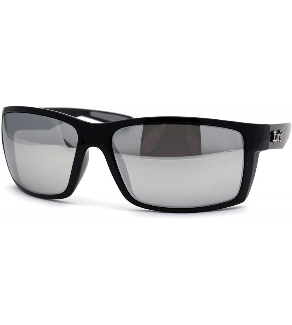 Sport 90s Classic Rectangular Cholo Gangster Biker Style Sunglasses - Black Grey Silver Mirror - C0195ED5STL $23.41